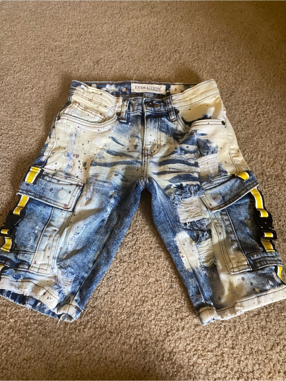 Boys Evolution In Design Buckle Cargo Denim Shorts Size 8 Streetwear Distressed
